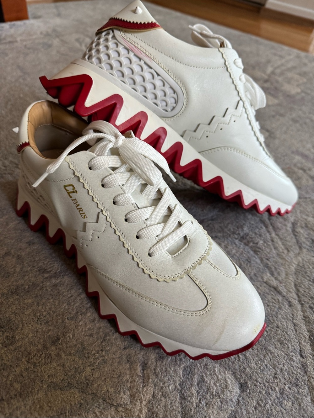 Christian Louboutin White Leather Zigzag Sole Sneakers with Red Accents
